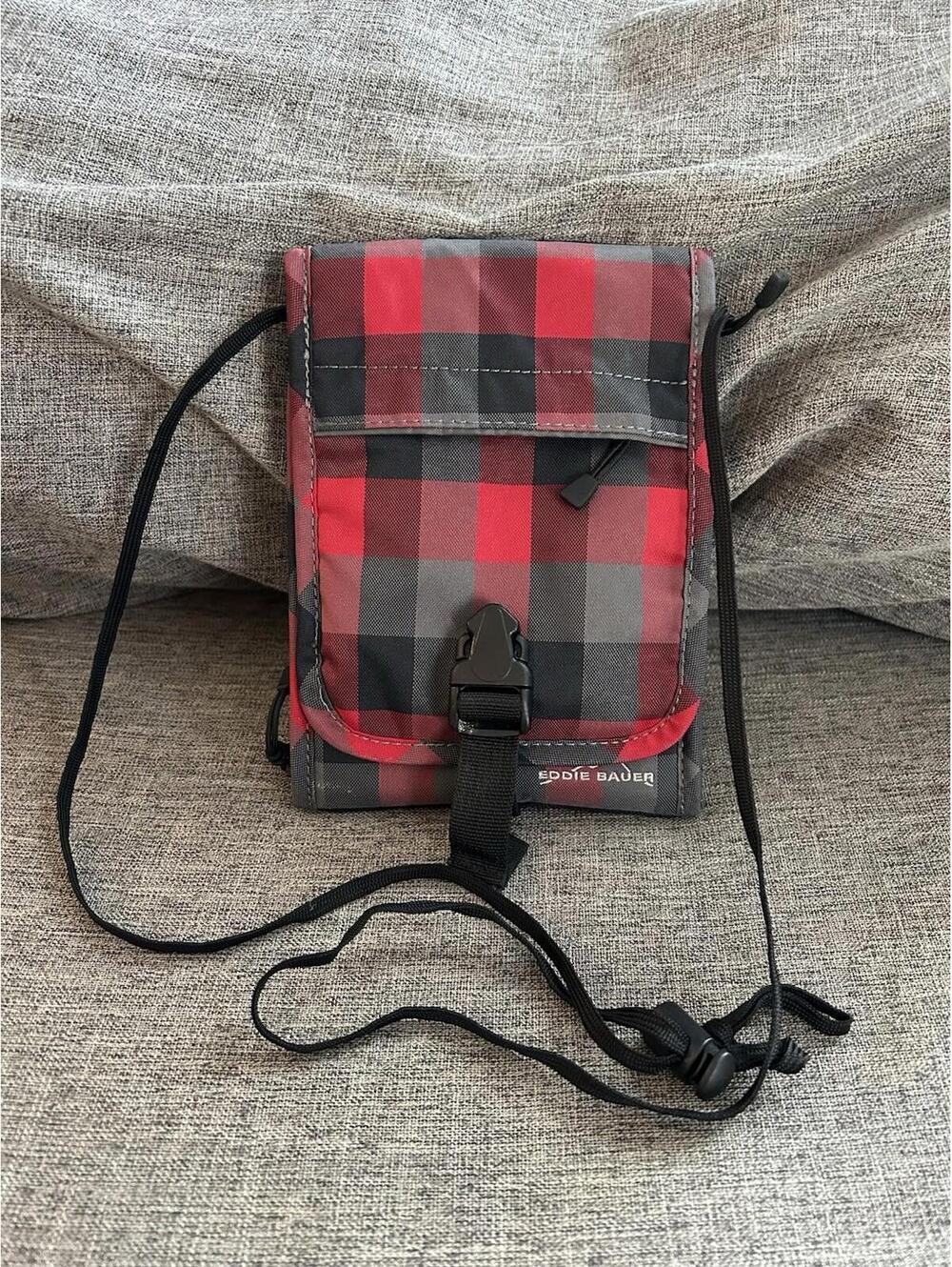Eddie Bauer Crossbody Bag Three Inside Sections Adjustable Strap Red Gray Plaid